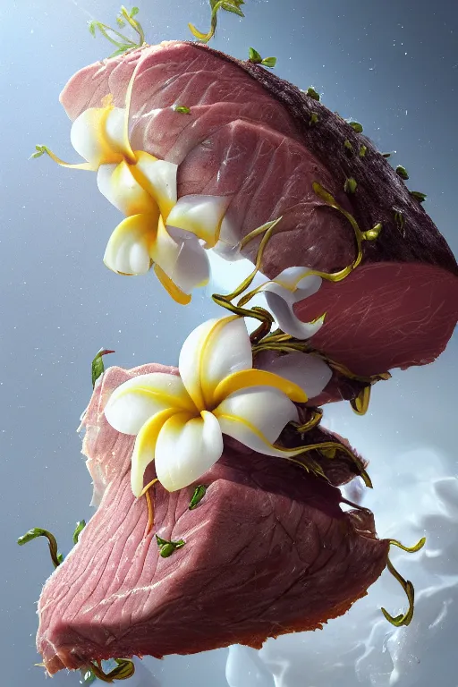 Image similar to ultra realistic illustration, portrait of sliced roast beef covered in white yogurt, plumeria tropical bouquet background, close up shot, fantasy, intricate, elegant, highly detailed, digital painting, artstation, concept art, smooth, sharp focus, illustration, surrealism