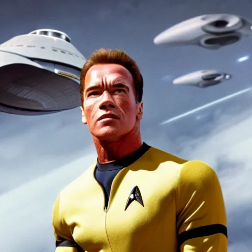 Prompt: Arnold Schwarzenegger is the captain of the starship Enterprise in the new Star Trek movie