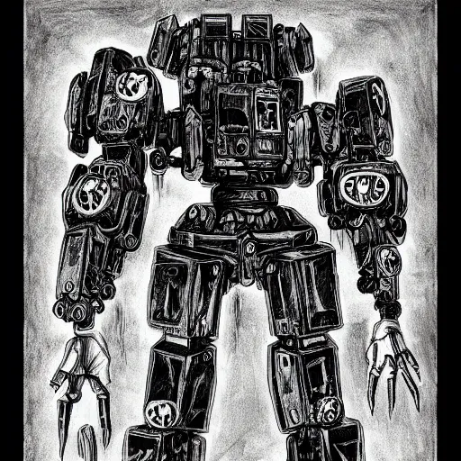 Image similar to a scary horror themed mecha, drawn with charcoal and pen and ink, half-tone-line-stacking