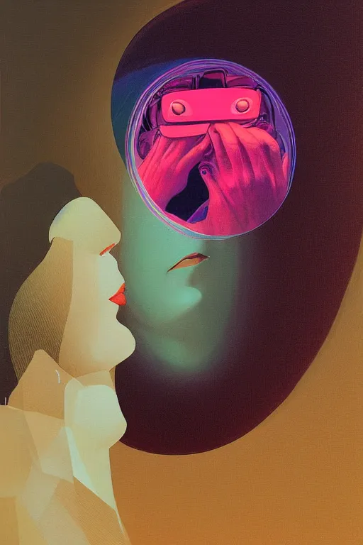 Image similar to woman wearing oculus and digital glitch head edward hopper and james gilleard, zdzislaw beksisnski, higly detailed
