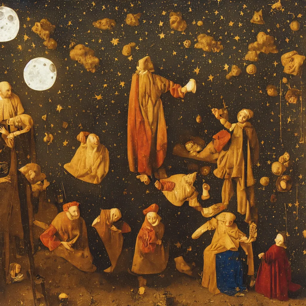 Image similar to The old teacher shows the two boys the constellations on the roof, the moon in the starry sky, medieval painting by Jan van Eyck, Johannes Vermeer, Florence