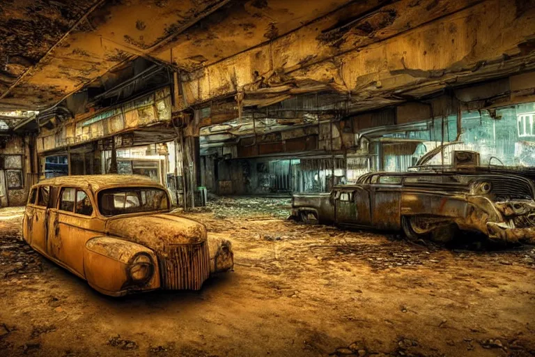 Image similar to low wide angle shot of dilapidated fallout 5 europa, temperate european hamlet, desolate, dilapidated neon signs, few rusted retro futuristic vintage parked vehicles like cars, ( ( ( ( buses, trucks, trams ) ) ) ), volumetric lighting, photorealistic, daytime, autumn, sunny weather, sharp focus, ultra detailed