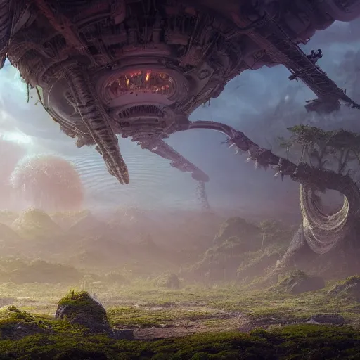 Prompt: a beautiful matte painting of an alien landscape of lush and mystical flora, remnants of a crashed spaceship, alien creatures emerging, sunrise, by Giger and Ralph McQuarrie and Bruce Pennington, cinematic lighting, ambient light, hyperrealism, hires, octane render, 8k, iridescent accents, vray