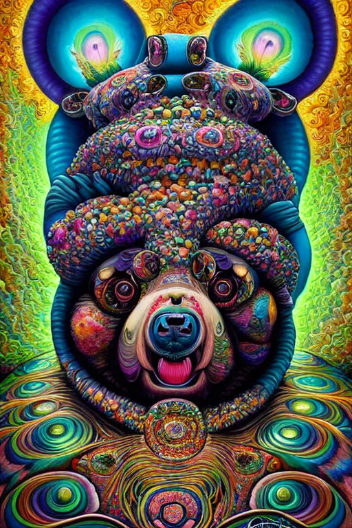 Image similar to hyper - maximalist overdetailed painting of a bear - shaman by hannahy yata caitlin hacket in the style of naoto hattori. artstation. deviantart. cgsociety. surrealism infused lowbrow style. visionary psychedelic fineart. hyperdetailed high resolution render by binx. ly in discodiffusion..