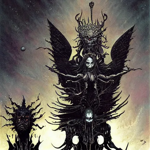 Image similar to the dark gothic creatures among our cosmos who roam the 7 th dimensional planes beyond life as we know it, it is fruitless to attempt contact these horrific souls who are omniously imprisoned, by yoshitaka amano by gerald brom by nekro borja by syd mead