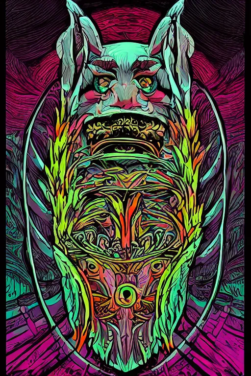 Image similar to animal mask totem roots flower tribal feather gemstone plant wood rock shaman vodoo video game vector cutout illustration vivid multicolor borderlands comics by josan gonzales and dan mumford radiating a glowing aura