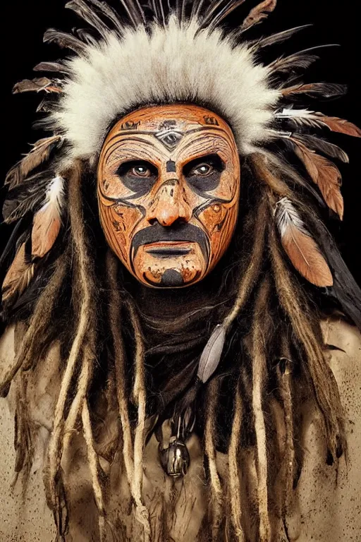 Image similar to portrait, headshot, digital painting, an old shaman in slavic wooden painted ritual mask, crow feathers, dreadlocks, realistic, hyperdetailed, chiaroscuro, concept art, art by frans hals