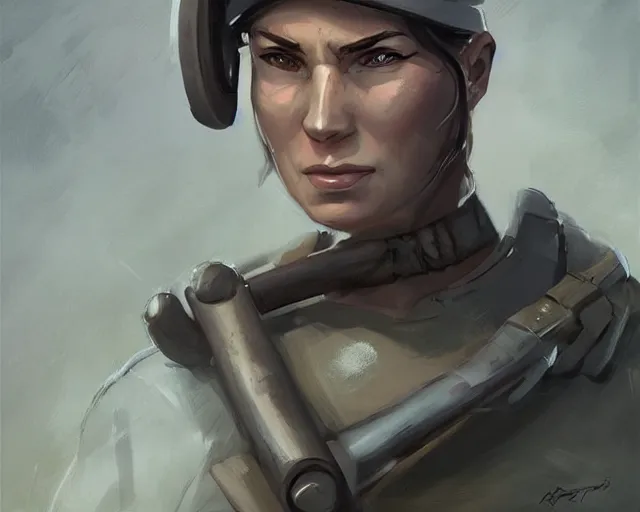 Image similar to portrait of a muscular female ww ii soldier in team fortress 2 style, epic, tragic, dark fantasy art, fantasy, pretty, hd shot, digital portrait, beautiful, artstation, comic style, by artgerm, guy denning, jakub rozalski, magali villeneuve and charlie bowater