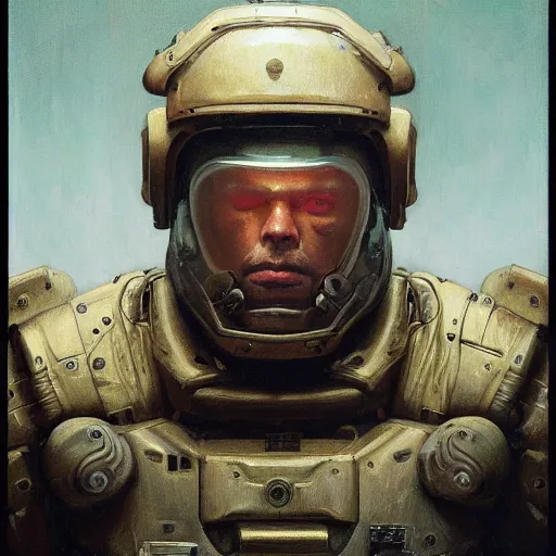 Prompt: portrait of heavy armoured doomguy in disco elysium, by alexander mcqueen, by roberto ferri, by tom bagshaw, by j. c. leyendecker and klimt, by austin osman spare, highly detailed oil painting, very intricate, cinematic lighting, award - winning, american romanticism, artstation, cgsociety, official art, octane