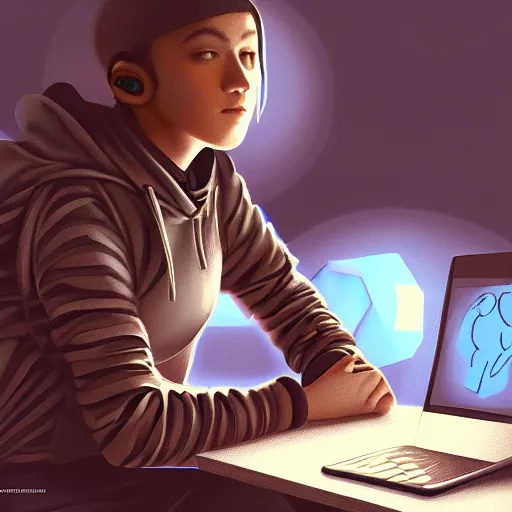 Image similar to realistic teenager using laptop in super tech room, artstation trends, concept art, highly detailed, intricate, sharp focus, digital art, 8 k