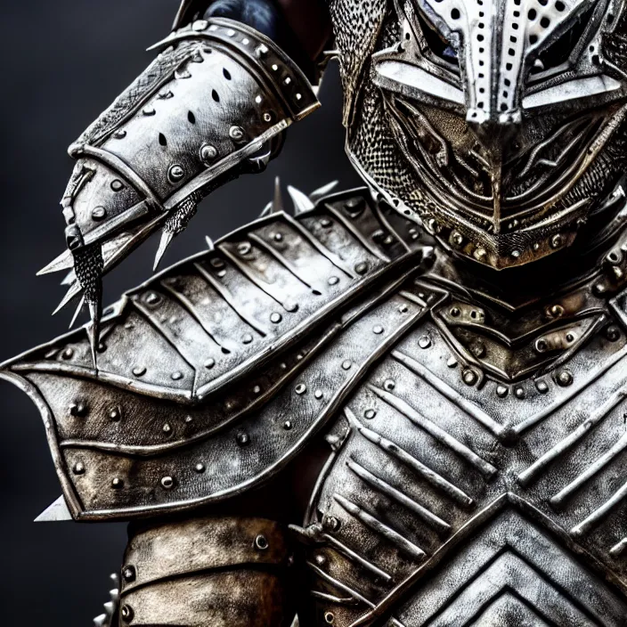 Image similar to photo of a warrior with metal lizard themed armour, highly detailed, 4 k, hdr, smooth, sharp focus, high resolution, award - winning photo