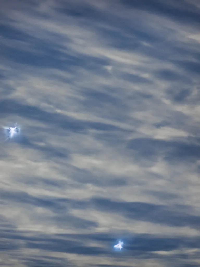 Prompt: ufo flying in the sky in toulouse, blue sky, motion blur, eerie, realistic, realistic, realistic, realistic, realistic, realistic, realistic,