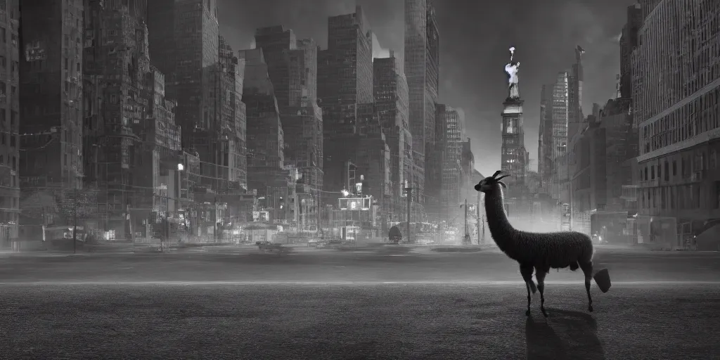 Image similar to a llama walking through a desolate manhattan city street at night, statue of liberty seen in the background, realistic 4 k octane beautifully detailed render, 4 k post - processing, highly detailed, intricate complexity, epic composition, magical atmosphere, cinematic lighting, masterpiece, ultra hd