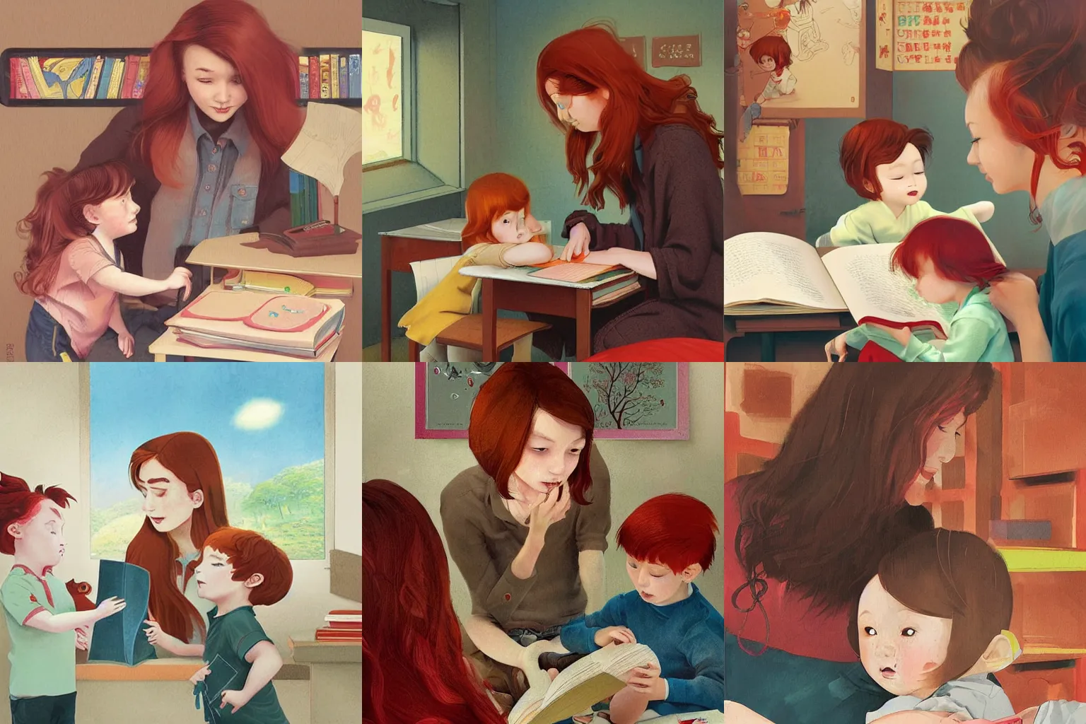 Prompt: a brown haired teacher and red headed child in a classroom during the day, flat graphic style, children's book illustration by Loish, Wenjun Lin