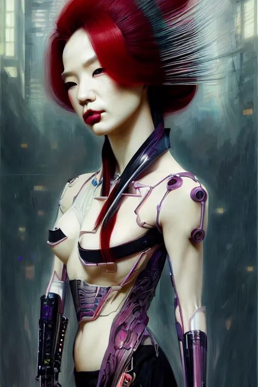 Image similar to > professional dynamtic portrait of a single agile geisha cyberpunk style in a dynamic pose , armor elements , long red hair, beautiful bone structure, symmetrical facial features, intricate, elegant, digital painting, concept art, smooth, sharp focus, illustration, by Ruan Jia and Mandy Jurgens , and mucha, and Artgerm and William-Adolphe Bouguerea