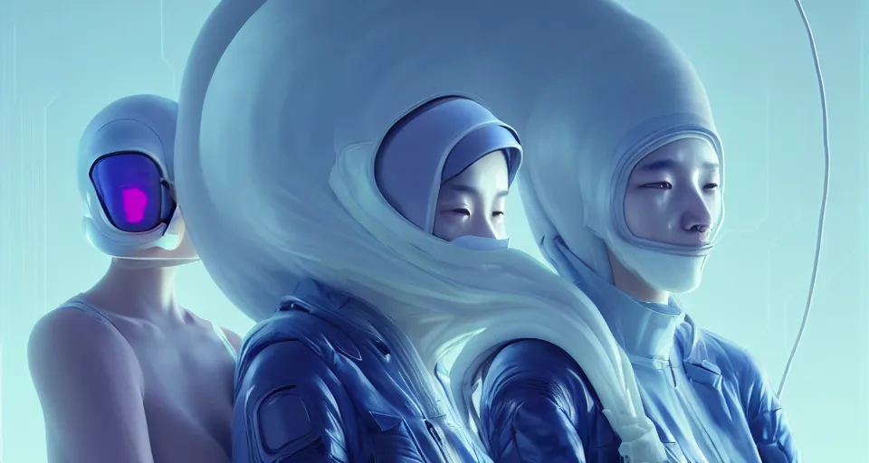 Image similar to portrait of yael shelbia and kang seul - gi, venus squid astronaut, burka, symetrical facial, white hair, intricate design details. cyberpunk, rioter, by ruan jia and beeple. smooth gradients, deep space.