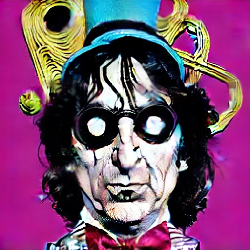 Image similar to graphic illustration, creative design, willy wonka as alice cooper, biopunk, francis bacon, highly detailed, hunter s thompson, concept art