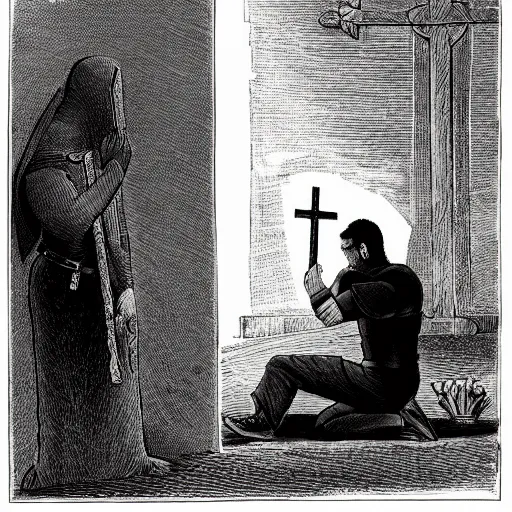 Prompt: A pale young man stands kneeling inside a prison cell. Clad in shining armor he kneels and prays to a God others would have long abandoned. Sunshine lightly grazes his cheeks as he prays, his broken spear used as a cross to focus on. The knight's expression is sad, pensive, but resolute, decisive and stubborn.