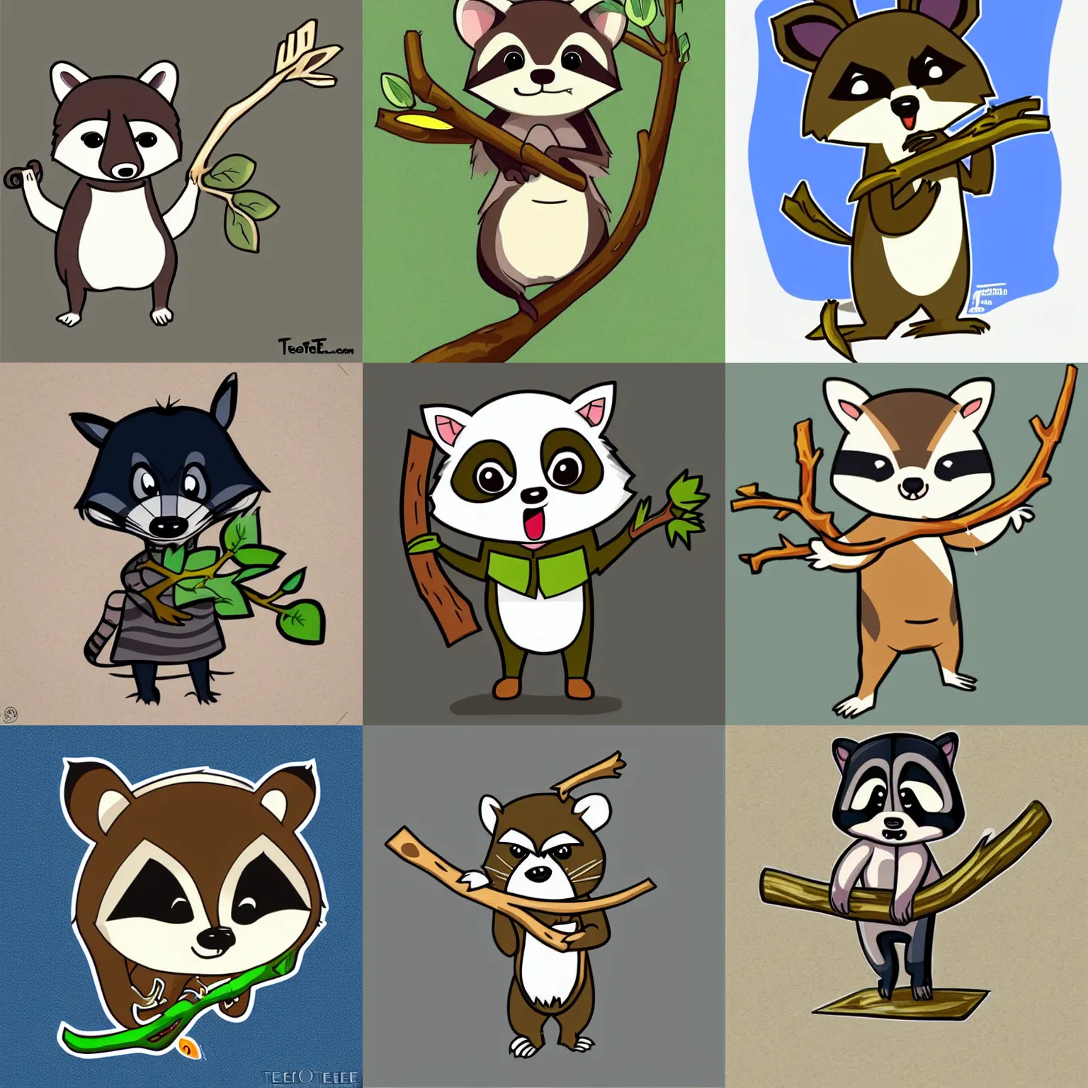 Prompt: cute toon chibi racoon holding a branch, by teeturtle. com