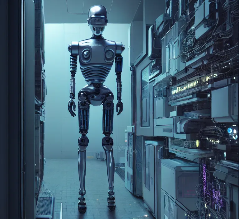 Prompt: hyperrealism stock photography of highly detailed stylish humanoid robot in sci - fi cyberpunk style by gragory crewdson and vincent di fate with many details by josan gonzalez working at the highly detailed data center by mike winkelmann and laurie greasley hyperrealism photo on dsmc 3 system rendered in blender and octane render