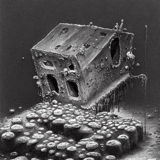 Image similar to dessicated spongebob rotting at the bottom of the sea beksinski