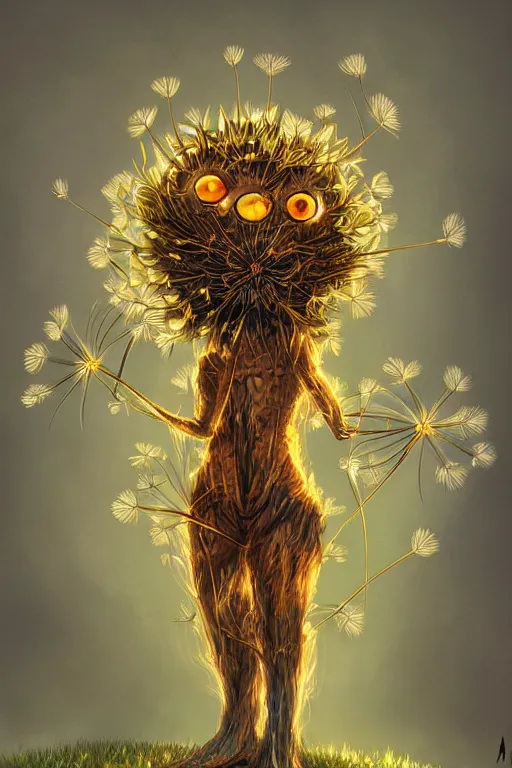 Image similar to a humanoid figure dandelion plant monster, amber eyes, highly detailed, digital art, sharp focus, ambient glow, trending on art station, anime art style