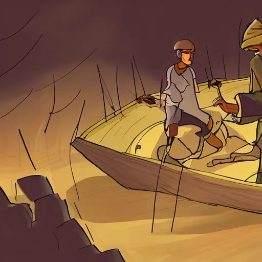 Prompt: hearthian and nomai building a boat together, outer wilds fanart