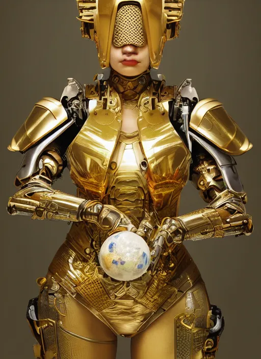 Image similar to portrait of a futuristic geisha cyborg with golden body armor holding a ecosphere with a plant inside, modern fine art, fractal, intricate, elegant, highly detailed, digital photography, subsurface scattering, by jheronimus bosch and greg rutkowski,