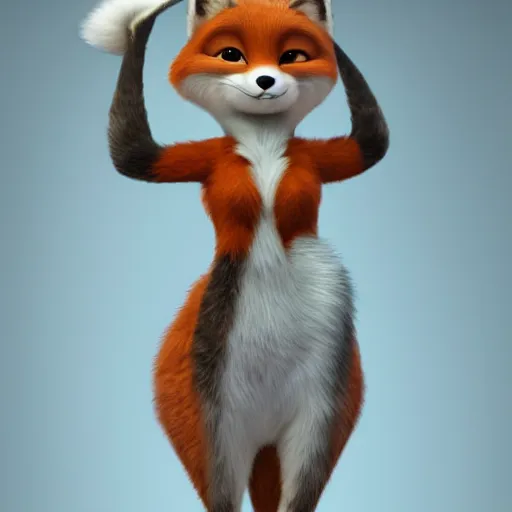 Image similar to anthropomorphic female fox with short white fur covering her body in the style of zootopia