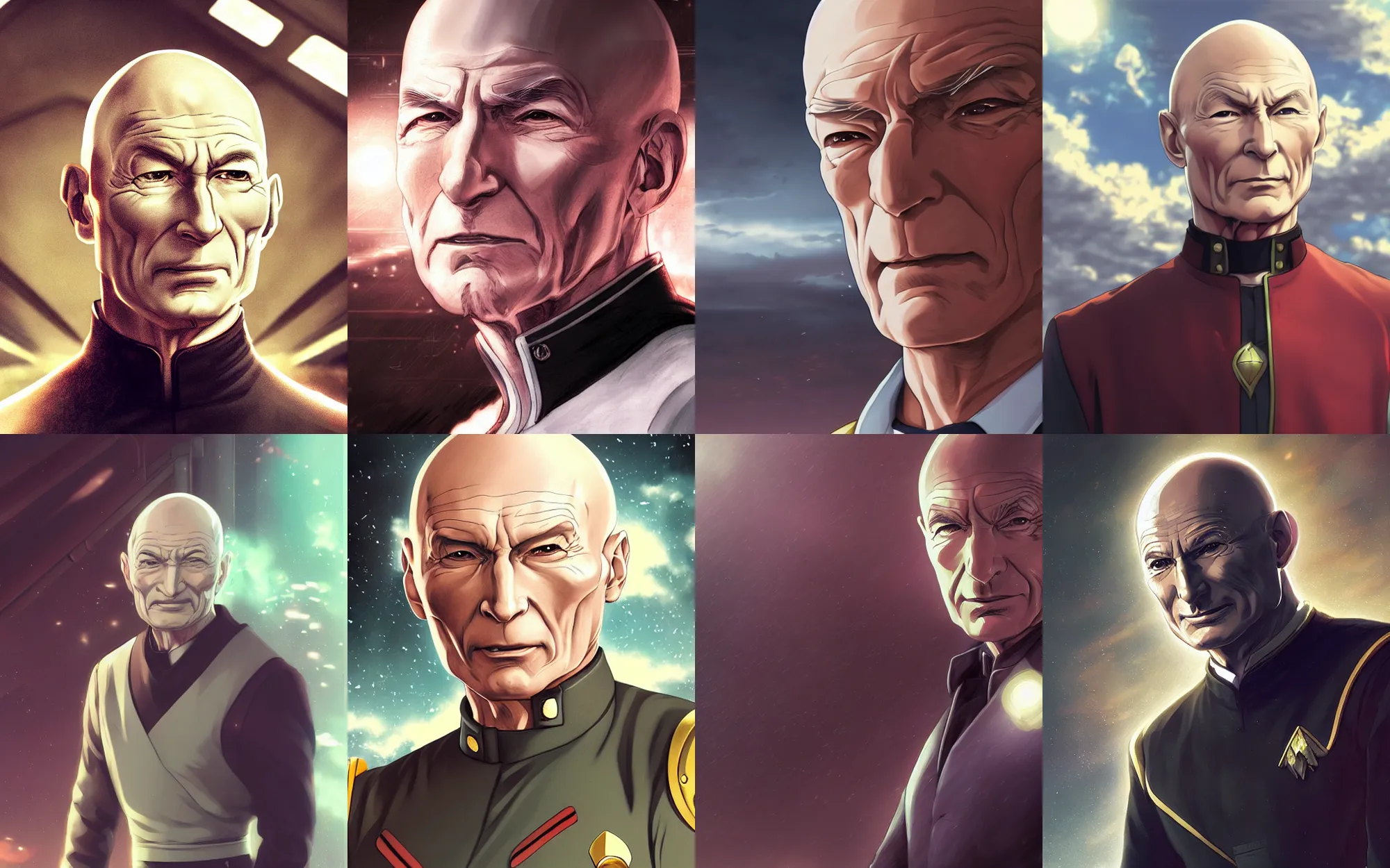 Prompt: Digital anime art by WLOP and Mobius, Closeup of [Captain Picard], serious expression, [[empty warehouse]] background, highly detailed, spotlight