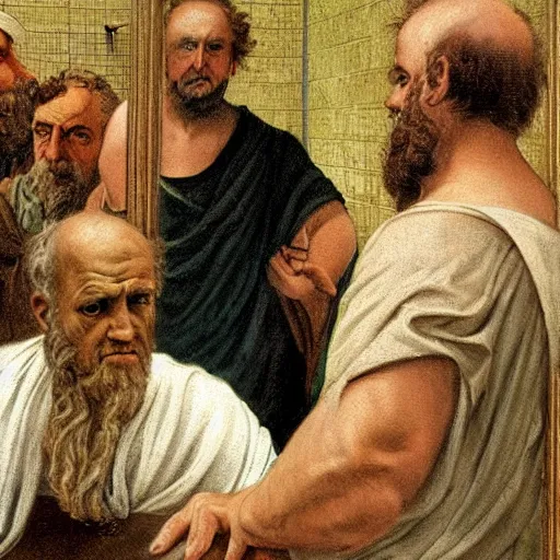 Prompt: greek philosophers in a bathroom