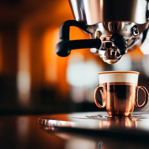 Image similar to close up realistic detailed photo of a fancy espresso machine in a cozy coffee shop, hdr, chrome, reflections, volumetric lighting, copper, black, overcast, diffuse light