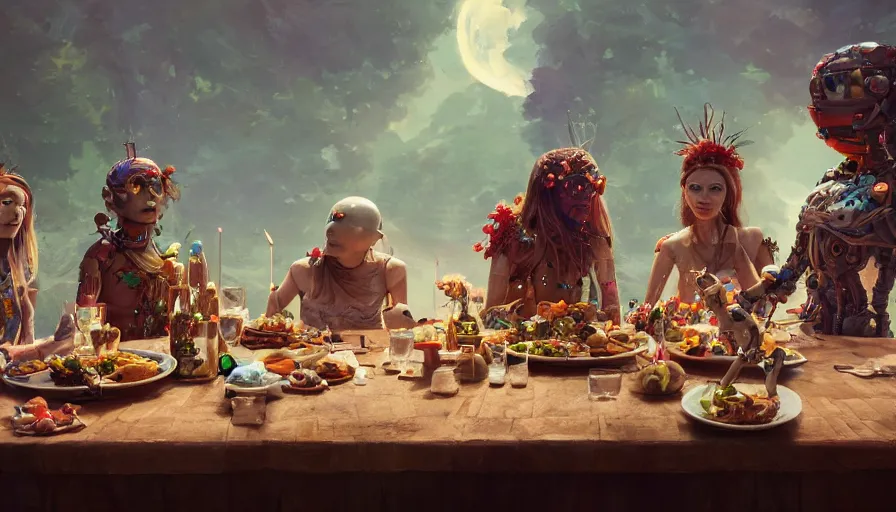 Image similar to a table dinner of humanoid robots where robots are dressed like the characters from the midsommar movie, realistic detailed digital art by maxwell boas jessica rossier christian dimitrov anton fadeev trending on artstation cgsociety rendered in unreal engine 4 k hq