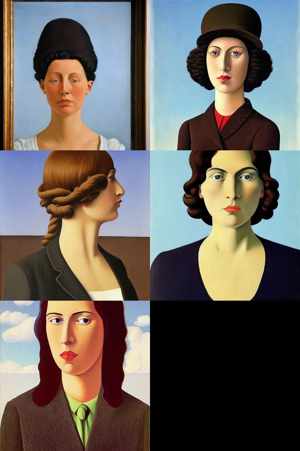 Prompt: an hd painting of a woman by rene magritte. she has long straight dark brown hair, parted in the middle. she has large dark brown eyes, a small refined nose, and thin lips. she is wearing a sleeveless white blouse, a pair of dark brown capris, and black loafers.