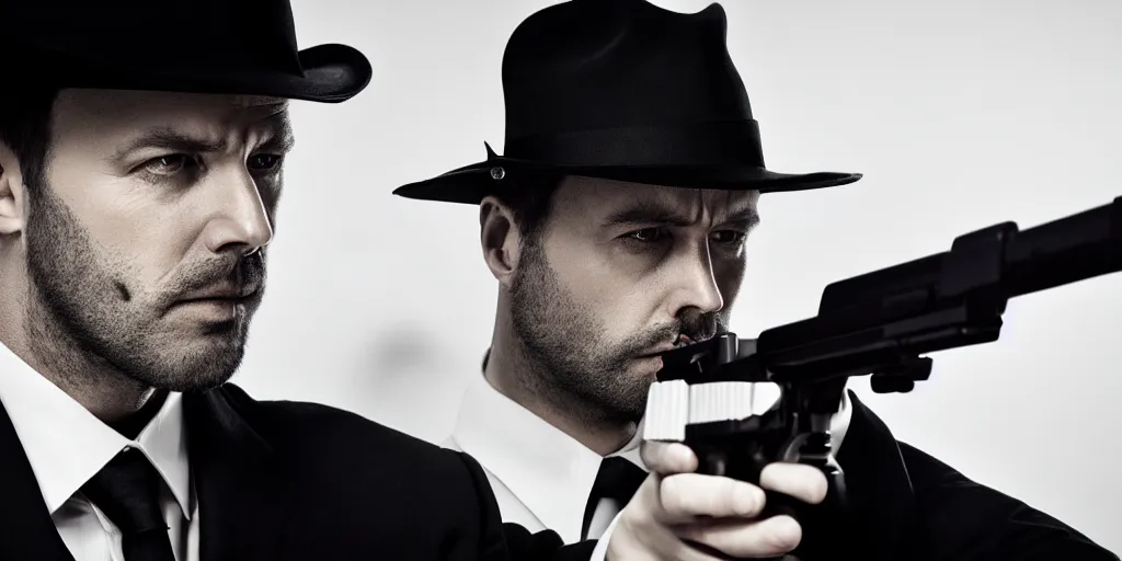 Image similar to serious looking man in a black suit and black fedora hat. he has a big silver gun, 4 k, atmospheric, epic scene, strong shadows, high contrast