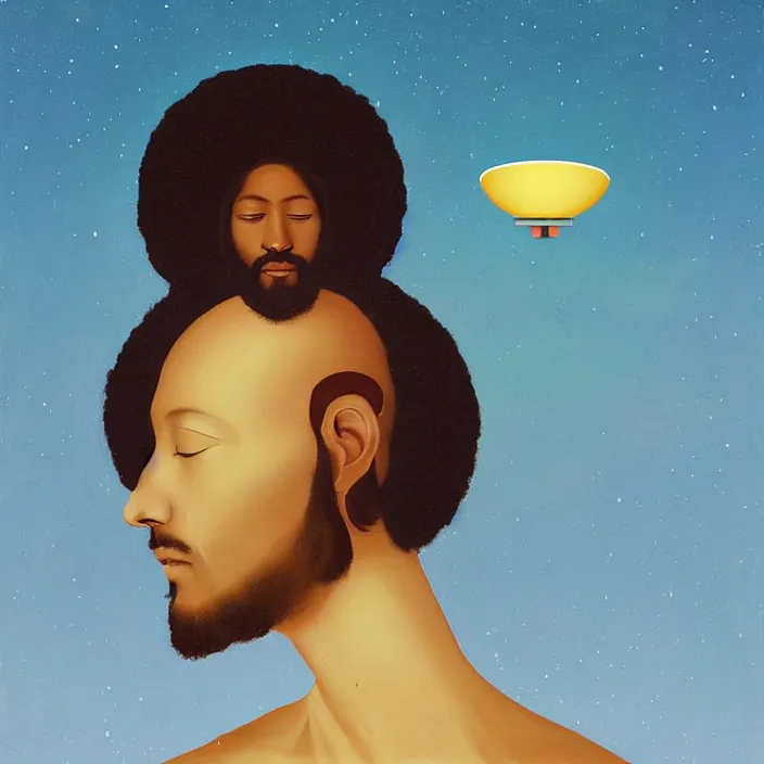 Image similar to a UFO hovering over the head of an African Jesus, a colourful painting by Hsiao-Ron Cheng,