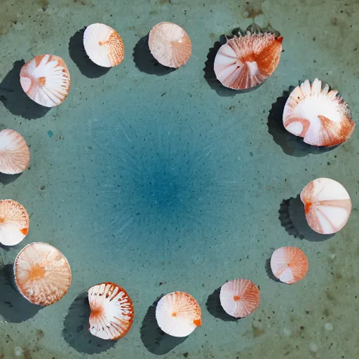 Image similar to a plate of scallops superimposed on a destroyed seabed zenith view