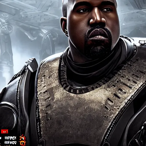 Image similar to Portrait of Kanye West as the emperor of humanity from warhammer 40k in Gears of War, splash art, movie still, cinematic lighting, dramatic, octane render, long lens, shallow depth of field, bokeh, anamorphic lens flare, 8k, hyper detailed, 35mm film grain