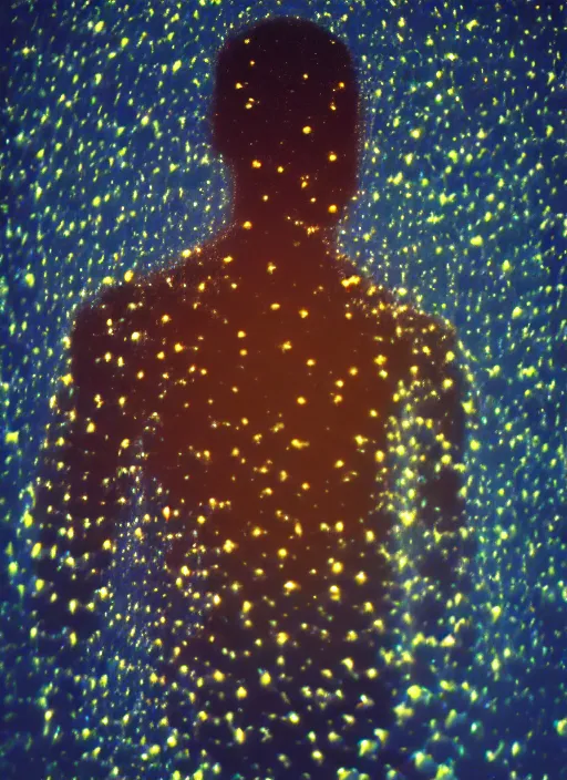 Image similar to crystallized human silhouette, large diffused glowing aura, long exposure, film grain, cinematic lighting, blurry, concept art