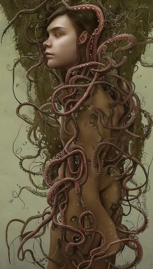 Image similar to very detailed portrait of a 2 0 years old girl surrounded by tentacles, the youg woman visage is blooming from fractal and vines, by jakub rozalski