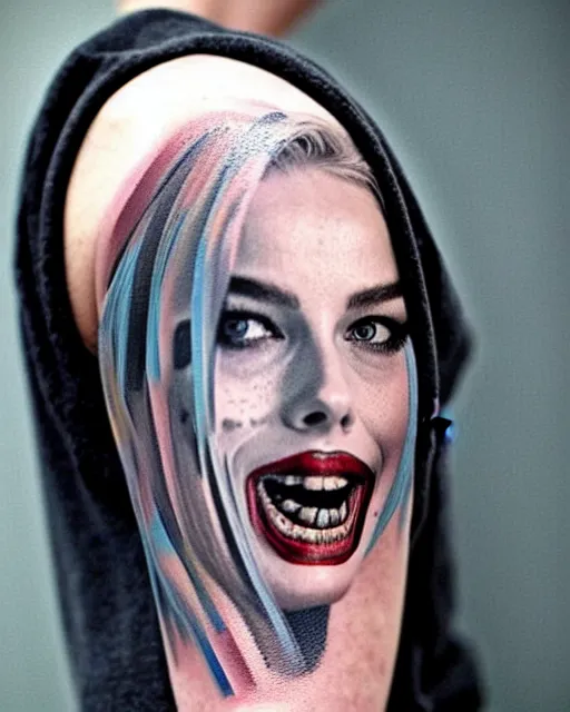 Image similar to creative double exposure effect tattoo design sketch of margot robbie as harley quinn faded with beautiful mountain scenery, realism tattoo, in the style of matteo pasqualin, amazing detail, sharp
