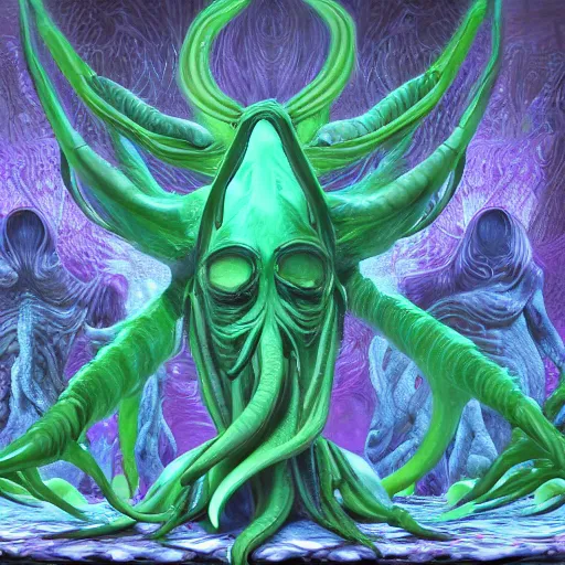 Prompt: ultra realistic digital art of cthulu embodied as a human woman with hundreds of men worshipping at her feet, 4 k