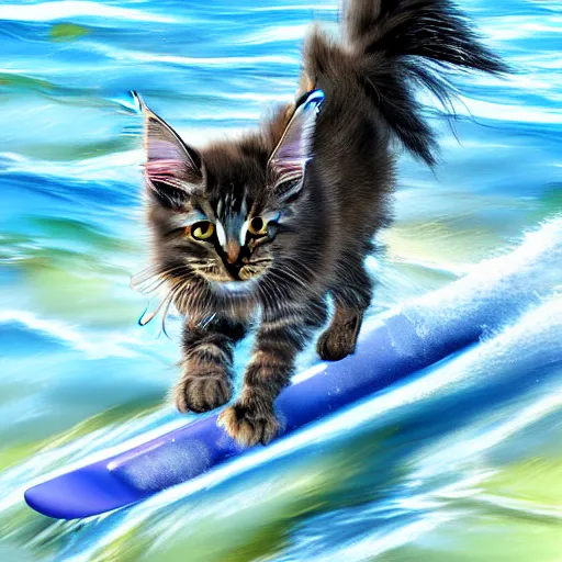 Prompt: Anthromorphic Maine coon kitten is Water skiing and doing trick poses, action shot. At south beach FL. 3D render but digital art, by Lenoid afremov