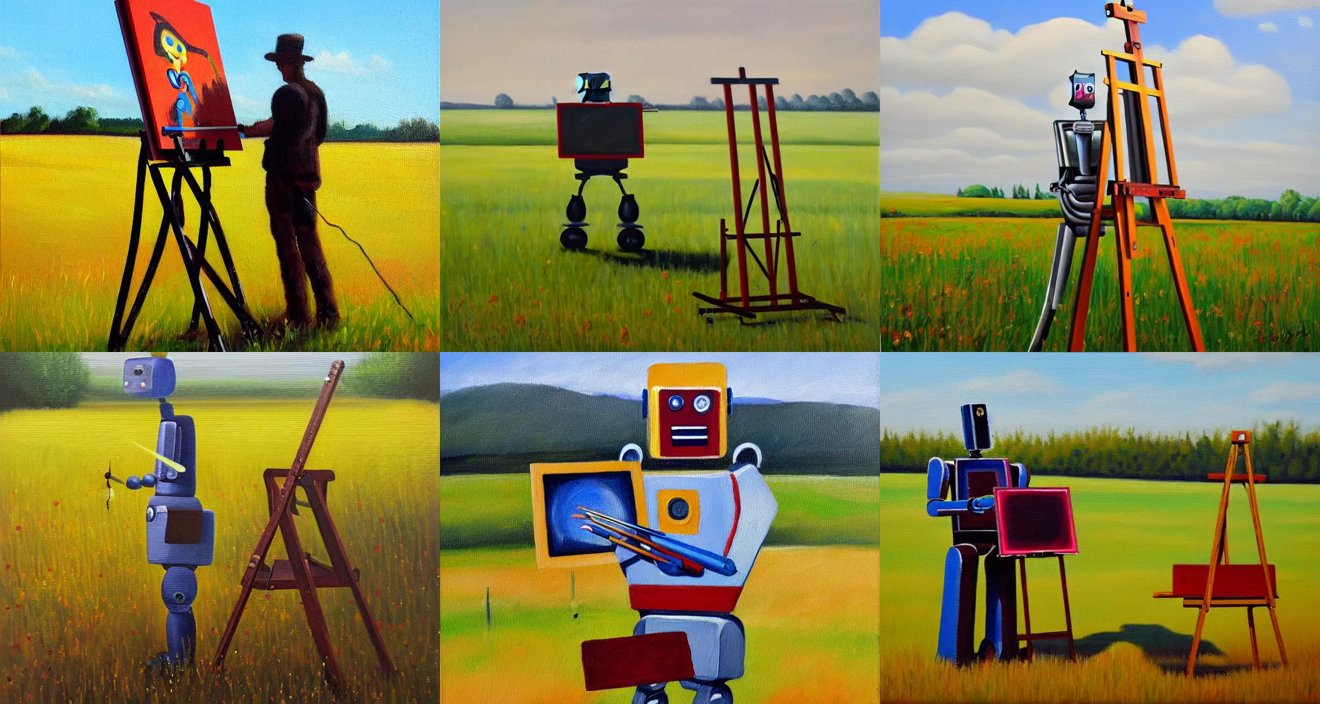 Prompt: a painting of a robot painter by his easel in a field, oil on canvas