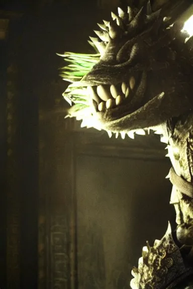 Image similar to very very intricate photorealistic photo of yoshi in an episode of game of thrones, photo is in focus with detailed atmospheric lighting, award - winning details