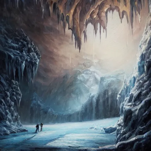 Image similar to A highly detailed oil painting in the style of Greg Rutkowski and Afremov of a very deep, very very dark cave with a huge frozen lake in the middle of it and an Ancient Ice dragon sleeping near a very big treasure pile, in the middle of a blizzard.