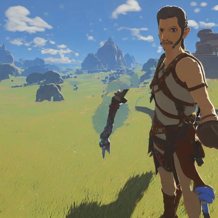 Image similar to Jeff Goldblum in The Legend of Zelda Breath of the Wild, detailed screenshot