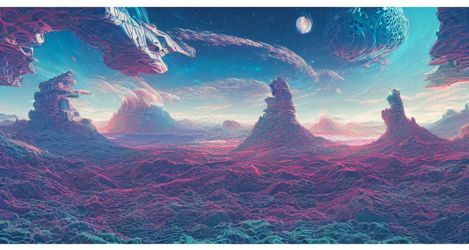 Image similar to a scifi landscape,painting by Dan Mumford,by Tokio Aoyama,trending on artstation,intricate,2d,4k,pastel colors