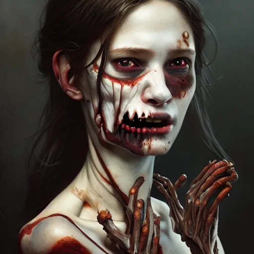 Prompt: portrait painting of horrifying skinless and noseless vampire girl wearing battered vietnam fatigues, ultra realistic, concept art, intricate details, eerie, highly detailed, photorealistic, octane render, 8 k, unreal engine. art by artgerm and greg rutkowski and charlie bowater and magali villeneuve and alphonse mucha
