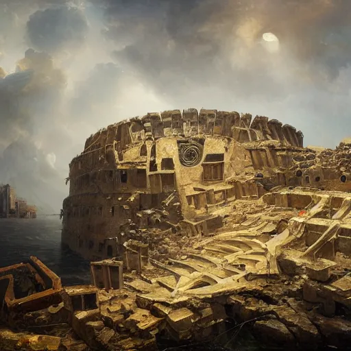 Prompt: Panorama view of a hurricane lifting ruined pieces from an ancient castle into the sky, flying island, oil painting, by Greg Rutkowski